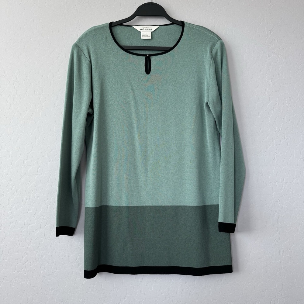 Misook Large Tunic Top Green Long Sleeve Colorblock Keyhole Knit Shoulder Pads